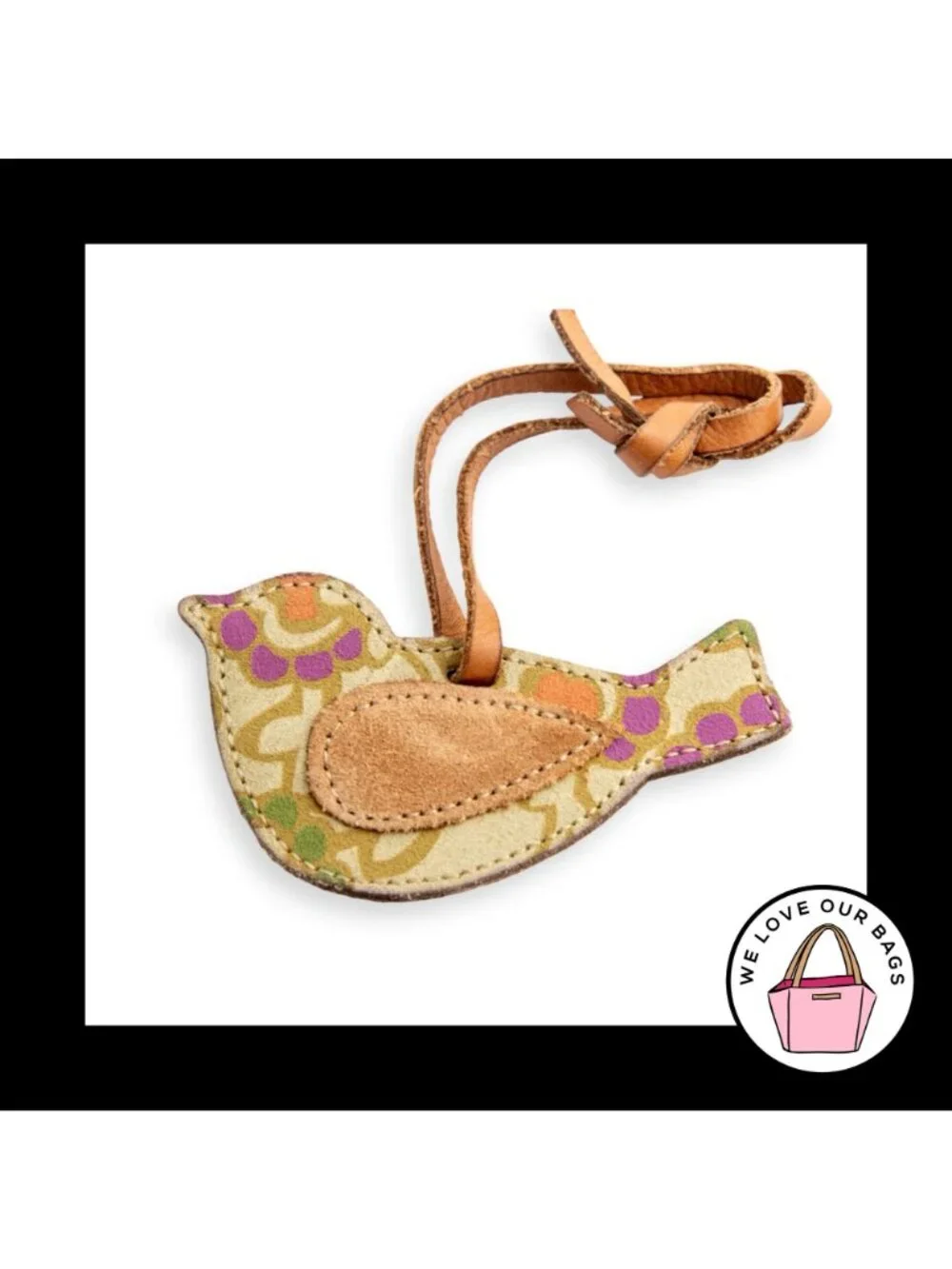 FOSSIL BIRD Brown Suede & Leather Loop Strap Bag Charm Hang Tag Keychain Fob